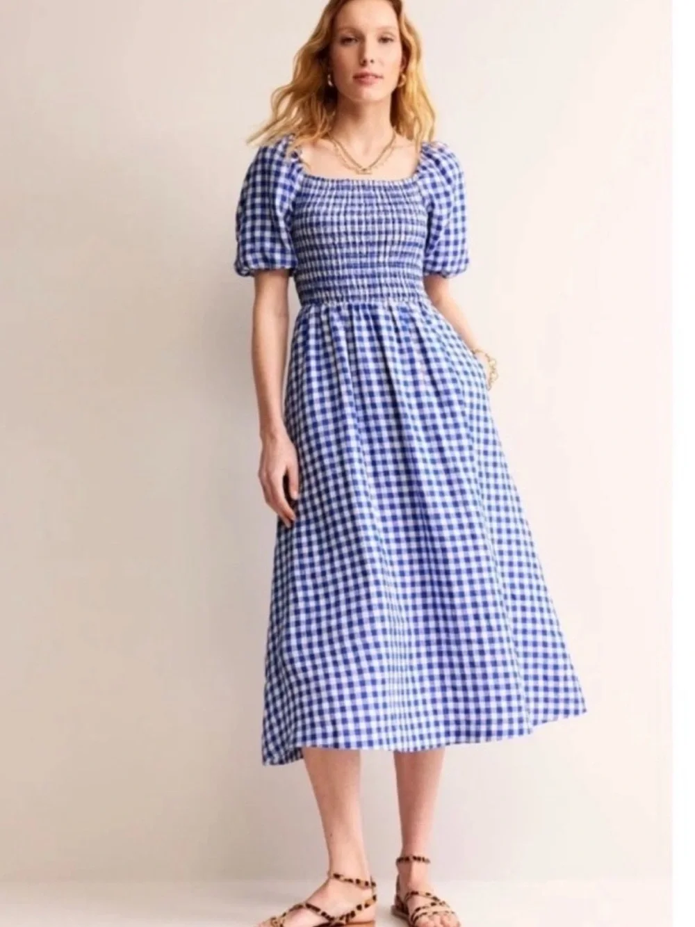 Boden Blue and Cream Gingham Smocked Midi Dress - Picture 5 of 5